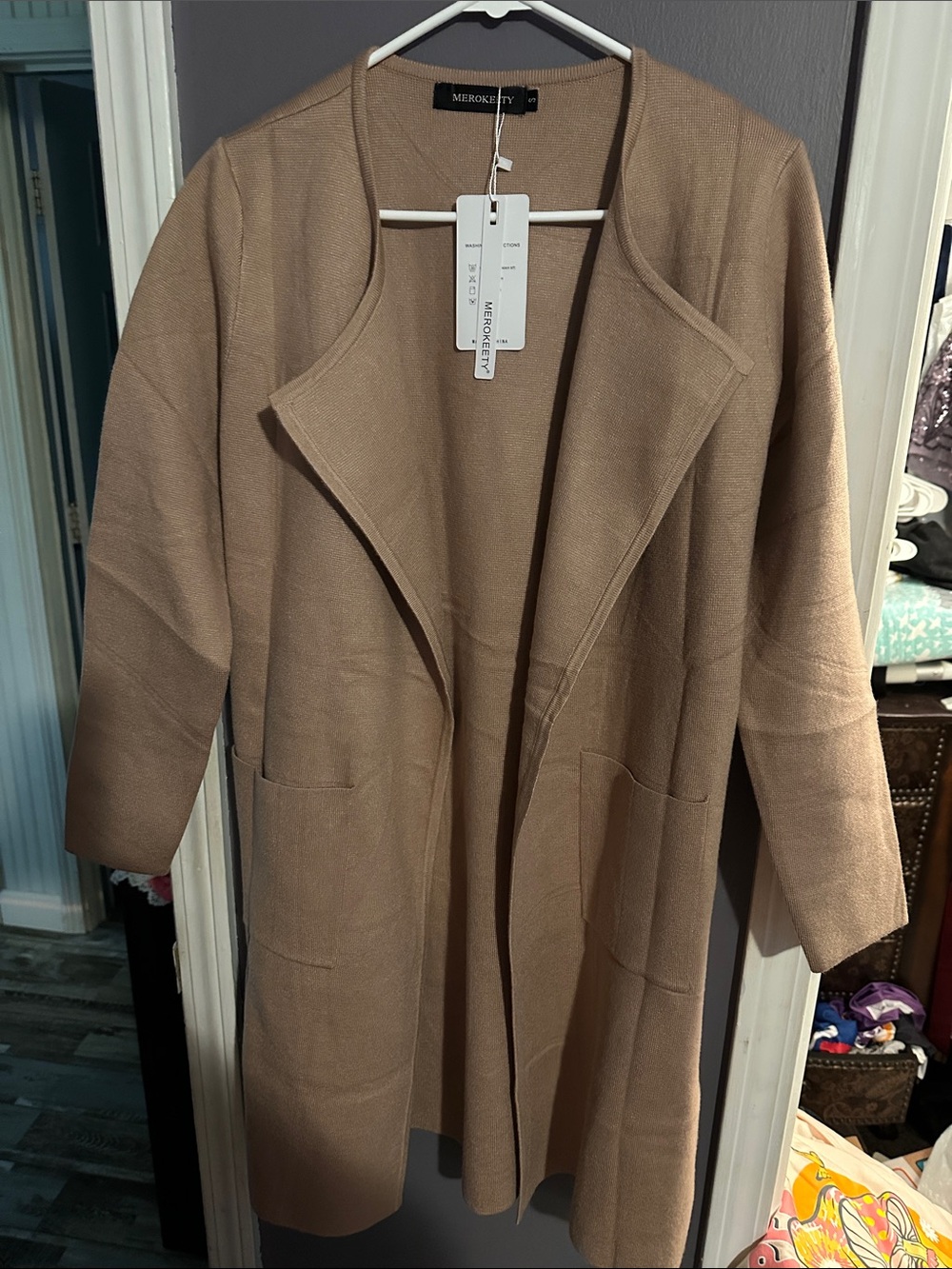 Merokeety Women's Open Front Trench Coat in Camel